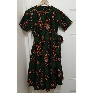 Tribalbyn womens small green orange wrap hand painted shift dress fit flare